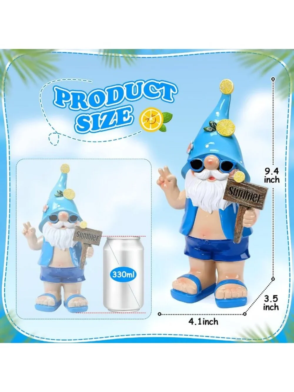Funny Blue Gnome Statue for Garden Decor - Outdoor Summer Beach Theme Figurine